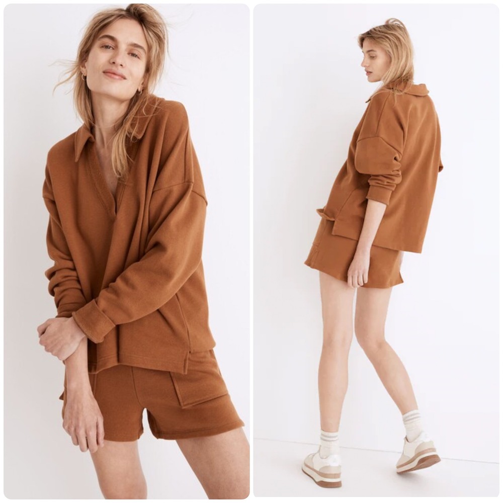 Madewell Womens Organic Cotton Hemp Oversized Polo Sweatshirt Dried Acorn Size L